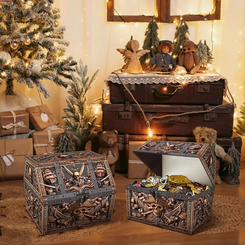 PETCEE Pirate Skull Treasure Box - 9x9.3x8 Large Pirate Treasure Chest for Classroom Chirstmas Treasures Box Rewards Chest Toys and Storage Perfect Classroom Treasures Boxes for Students - Image 3